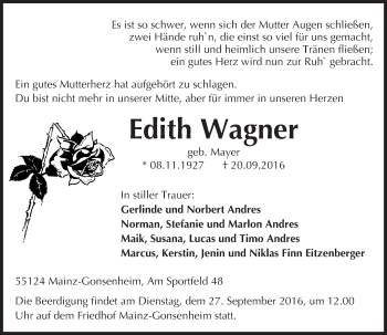 Traueranzeige von Edith Wagner von Trauerportal Rhein Main Presse