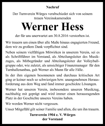 Traueranzeige von Werner Hess von  Camberger Anzeiger