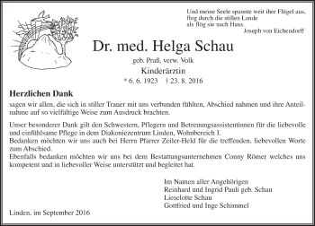 Traueranzeige von Helga Schau von  Gießener Anzeiger