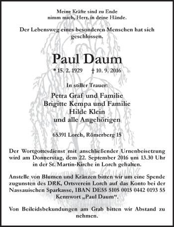 Traueranzeige von Paul Daum von Trauerportal Rhein Main Presse