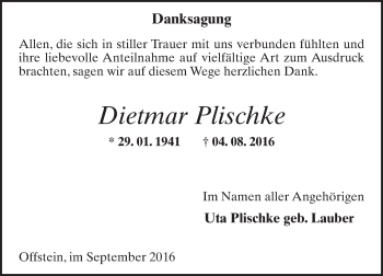 Traueranzeige von Dietmar Plischke von Trauerportal Rhein Main Presse