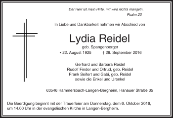 Traueranzeige von Lydia Reidel von  Kreisanzeiger