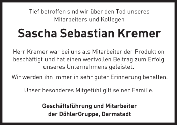 Traueranzeige von Sascha Sebastian Kremer von Trauerportal Echo Online