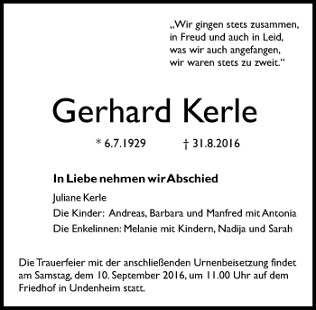 Traueranzeige von Gerhard Kerle von Trauerportal Rhein Main Presse