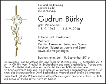 Traueranzeige von Gudrun Bürky von Trauerportal Rhein Main Presse