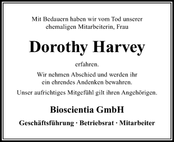 Traueranzeige von Dorothy Harvey von Trauerportal Rhein Main Presse