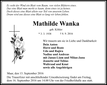 Traueranzeige von Mathilde Wanka von VRM Trauer