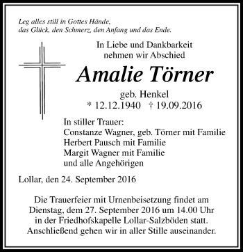 Traueranzeige von Amalie Törner von  Gießener Anzeiger