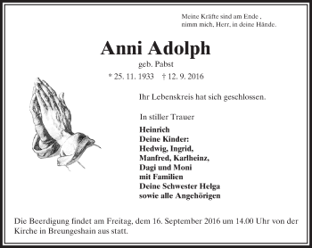 Traueranzeige von Anni Adolph von  Kreisanzeiger