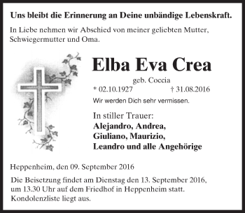 Traueranzeige von Elba Eva Crea von Trauerportal Echo Online