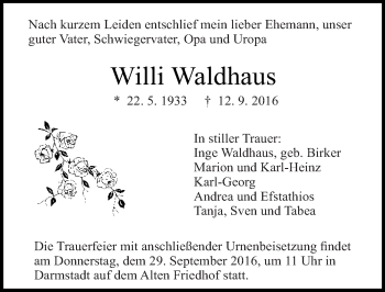 Traueranzeige von Willi Waldhaus von Trauerportal Echo Online