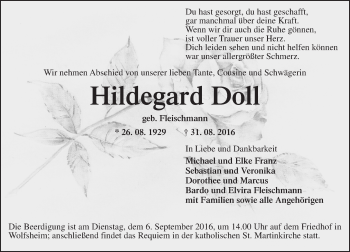 Traueranzeige von Hildegard Doll von Trauerportal Rhein Main Presse