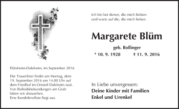 Traueranzeige von Margarete Blüm von Trauerportal Rhein Main Presse