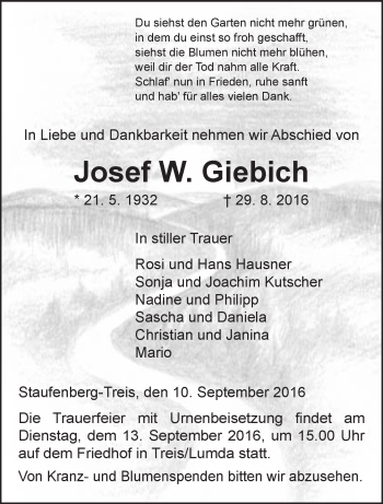 Traueranzeige von Josef W. Giebich von  Gießener Anzeiger