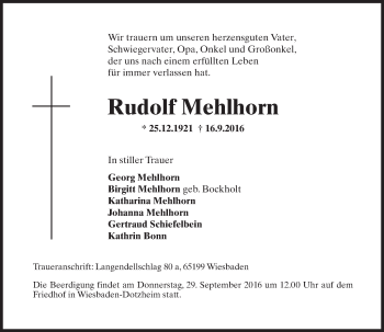 Traueranzeige von Rudolf Mehlhorn von Trauerportal Rhein Main Presse