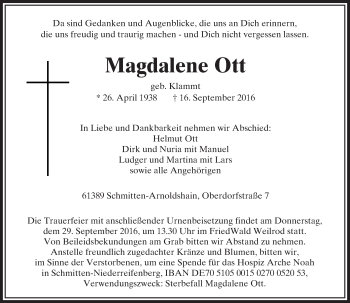 Traueranzeige von Magdalene Ott von  Usinger Anzeiger