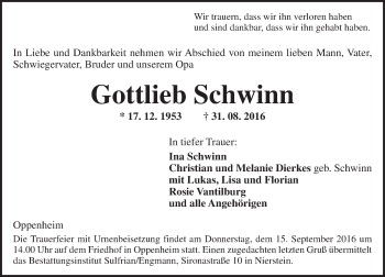 Traueranzeige von Gottlieb Schwinn von Trauerportal Rhein Main Presse