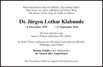 Traueranzeige von Jürgen Lothar Klabunde von Trauerportal Rhein Main Presse