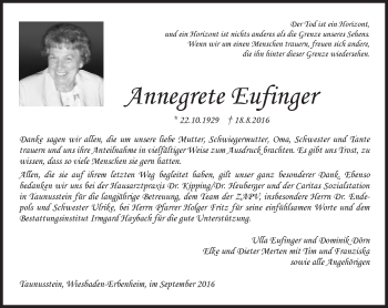 Traueranzeige von Annegrete Eufinger von Trauerportal Rhein Main Presse