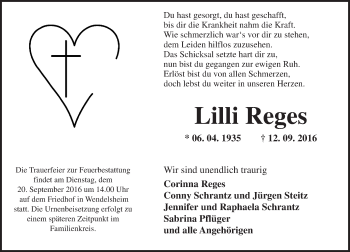 Traueranzeige von Lilli Reges von Trauerportal Rhein Main Presse