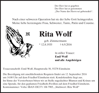 Traueranzeige von Rita Wolf von Trauerportal Rhein Main Presse