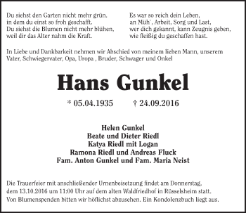 Traueranzeige von Hans Gunkel von Trauerportal Rhein Main Presse