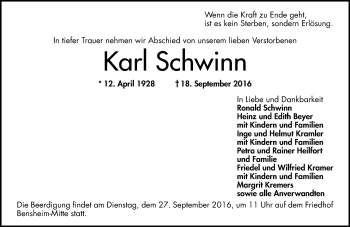 Traueranzeige von Karl Schwinn von Trauerportal Echo Online