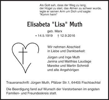Traueranzeige von Elisabeta  Muth von Trauerportal Echo Online