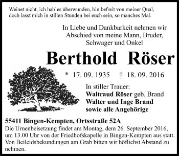 Traueranzeige von Berthold Röser von Trauerportal Rhein Main Presse