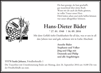 Traueranzeige von Hans-Dieter Bäder von Trauerportal Rhein Main Presse