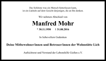 Traueranzeige von Manfred Mohr von  Gießener Anzeiger