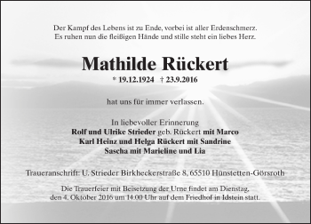 Traueranzeige von Mathilde Rückert von Trauerportal Rhein Main Presse