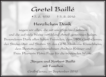 Traueranzeige von Gretel Baillé von Trauerportal Echo Online