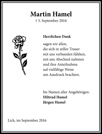 Traueranzeige von Martin Hamel von  Gießener Anzeiger