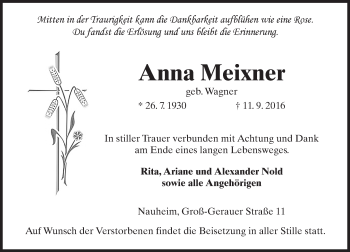 Traueranzeige von Anna Meixner von Trauerportal Rhein Main Presse