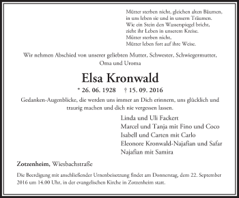 Traueranzeige von Elsa Kronwald von Trauerportal Rhein Main Presse