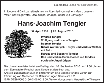 Traueranzeige von Hans-Joachim Tengler von Trauerportal Echo Online