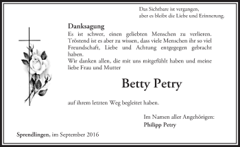 Traueranzeige von Betty Petry von Trauerportal Rhein Main Presse