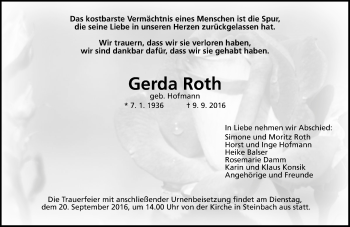 Traueranzeige von Gerda Roth von  Gießener Anzeiger