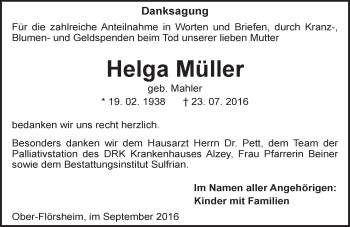 Traueranzeige von Helga Müller von Trauerportal Rhein Main Presse