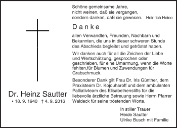 Traueranzeige von Heinz Sautter von Trauerportal Echo Online