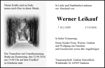 Traueranzeige von Werner Leikauf von Trauerportal Echo Online