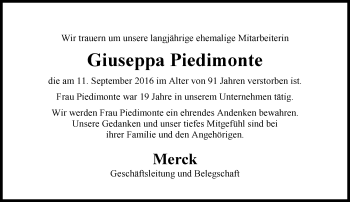 Traueranzeige von Giuseppa Piedimonte von Trauerportal Echo Online