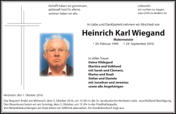 Traueranzeige von Heinrich Karl Wiegand von VRM Trauer