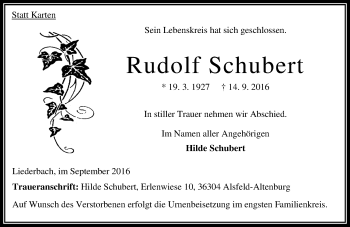 Traueranzeige von Rudolf Schubert von VRM Trauer