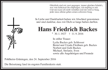 Traueranzeige von Hans Friedrich Backes von  Gießener Anzeiger