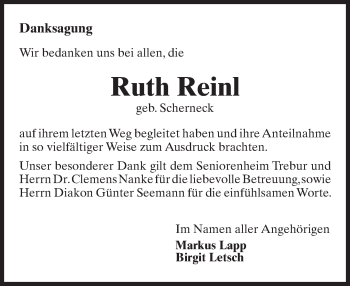 Traueranzeige von Ruth Reinl von Trauerportal Echo Online