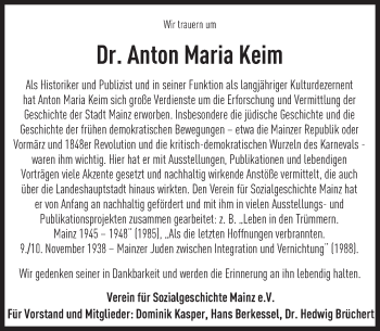 Traueranzeige von Anton Maria  Keim von Trauerportal Rhein Main Presse