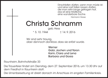 Traueranzeige von Christa Schramm von Trauerportal Rhein Main Presse