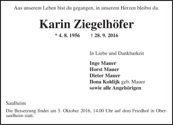Traueranzeige von Karin Ziegelhöfer von Trauerportal Rhein Main Presse